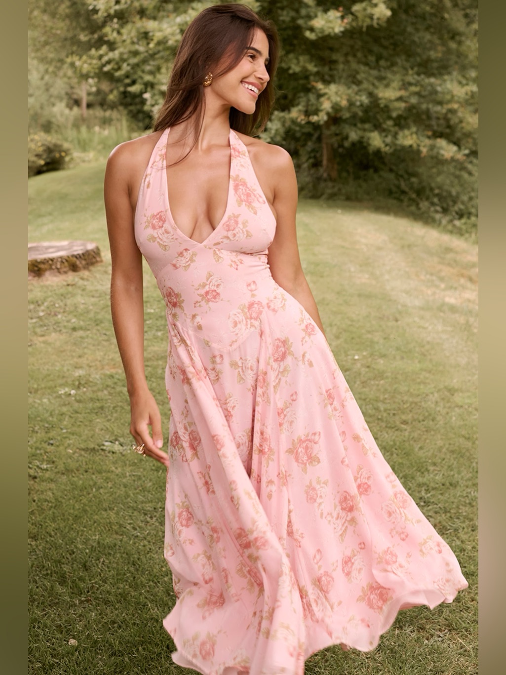 Nwt House Of Cb Solada Vintage Rose Print Georgette Halter Sundress